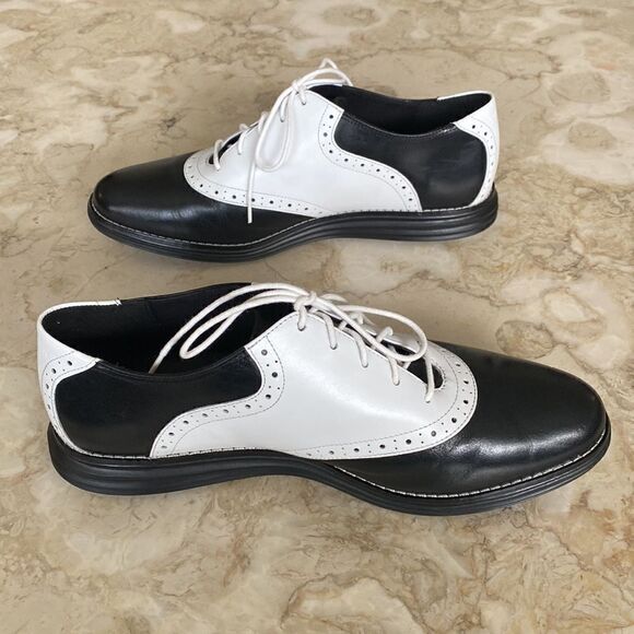Cole Haan Grand OS Black & White Leather Saddle Golf Shoes - Picture 4 of 13
